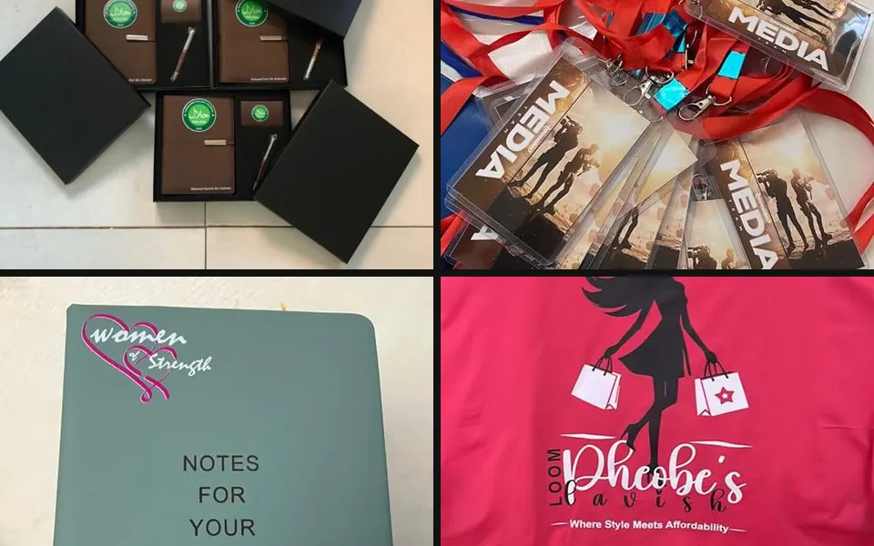Four real LaGraphico jobs: branded gift sets, printed media lanyards, notebooks and a printed T-shirt