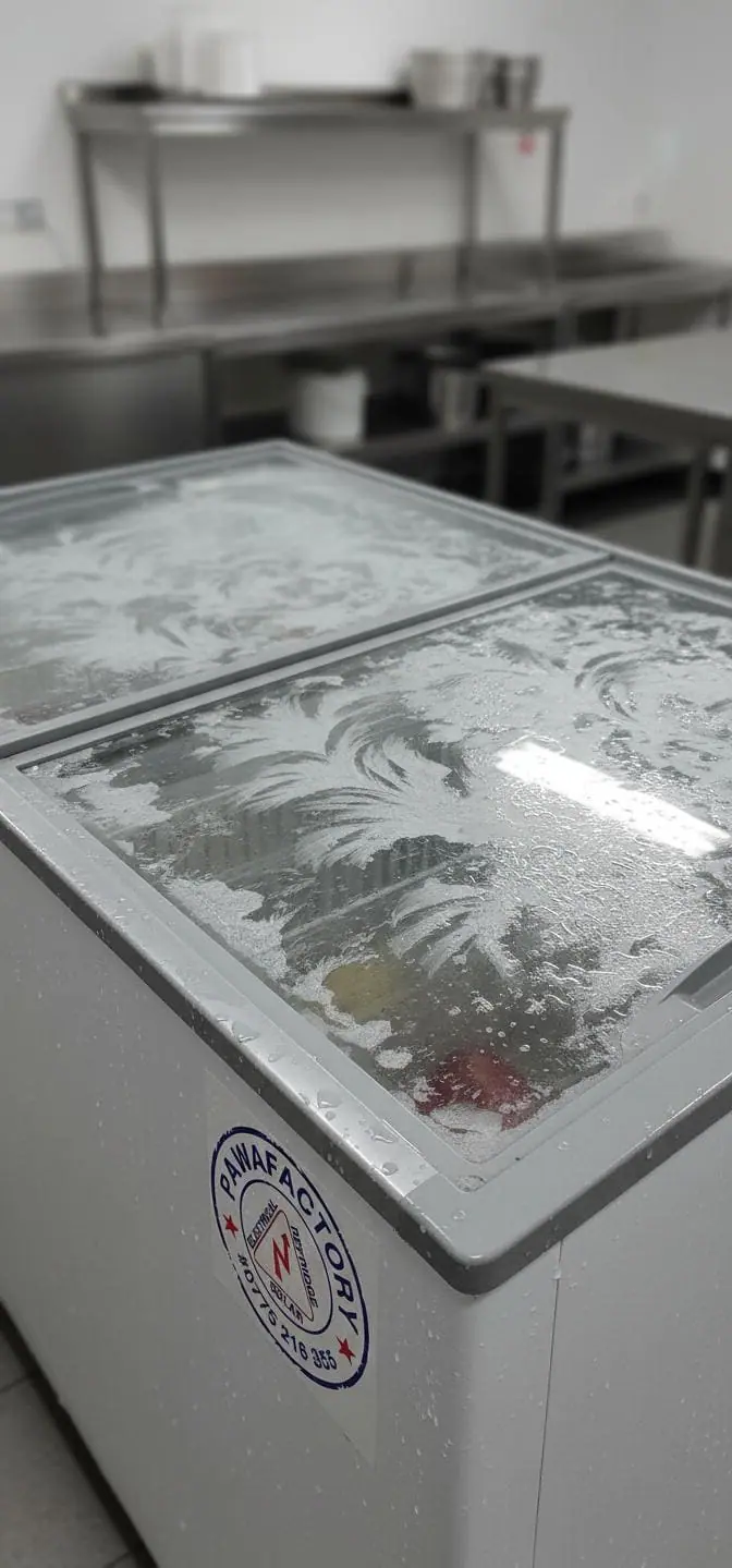 A commercial chest freezer with frosted glass lids and a Pawafactory service sticker, in a stainless steel kitchen